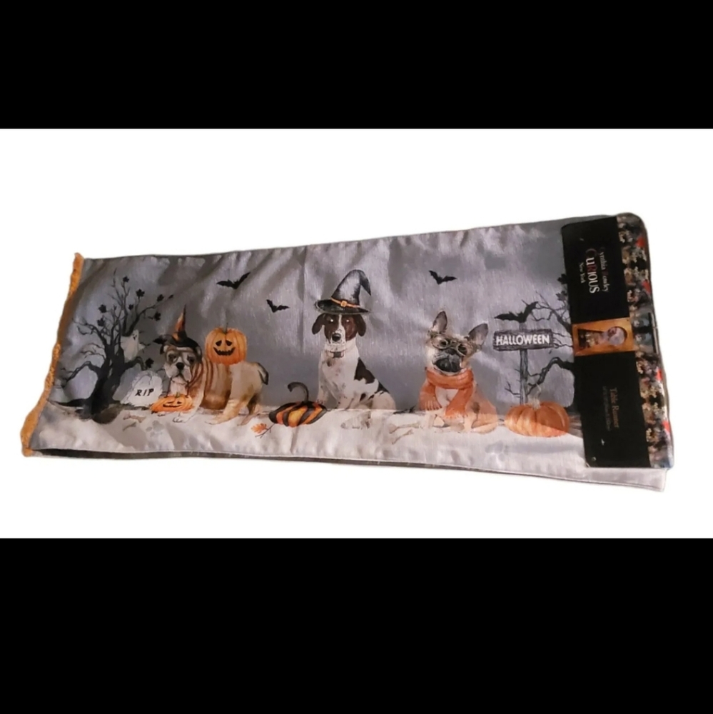 Cynthia Rowley Curious Halloween Dog Witch Pumpkin Costume Table Runner 14" x 72